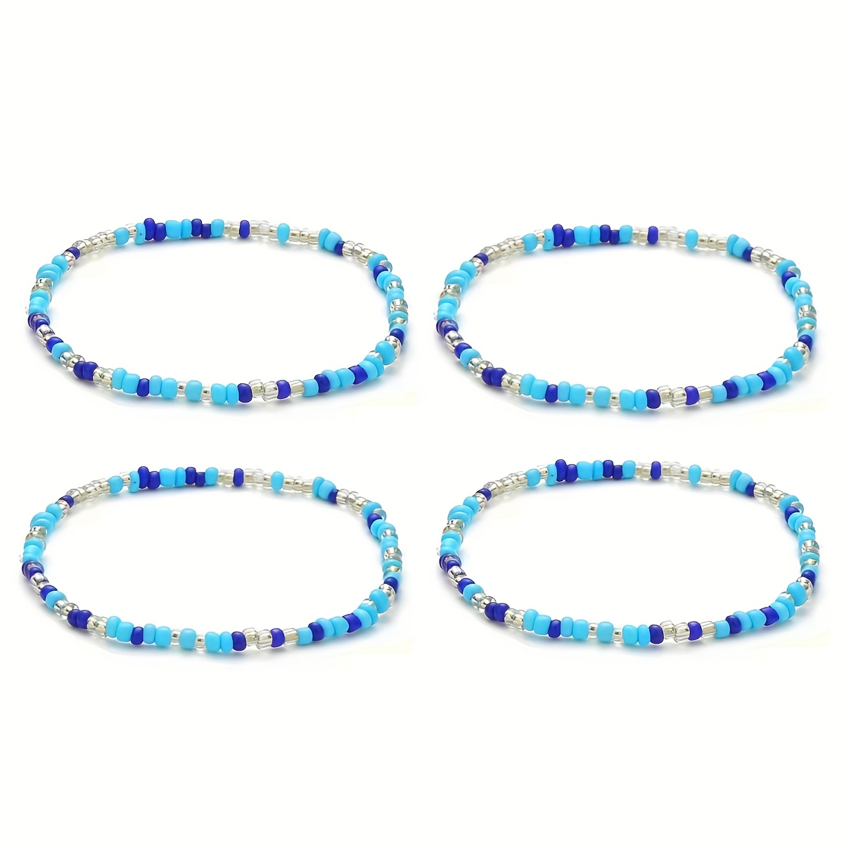 4pc Summer Beach Style Blue Rice Bead Anklet Set